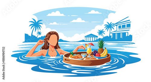 Vector illustration of a woman enjoying breakfast on a floating tray in a pool, representing luxury resort summer experience in flat vector style