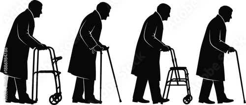 Black silhouette set of an elderly man walking with mobility aids including a walker and a cane for geriatric healthcare and senior living concepts