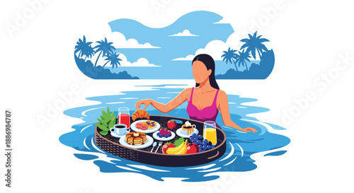 Vector illustration of a woman enjoying breakfast on a floating tray in a pool, representing luxury resort summer experience in flat vector style