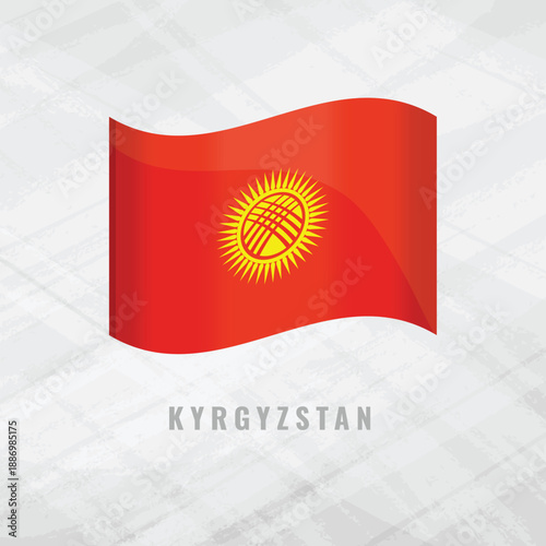 3D illustration of the waving flag of Kyrgyzstan. Vector national symbol of the Kyrgyz republic on a grey background. Features the yellow sun with 40 rays and a tunduk on a red field.