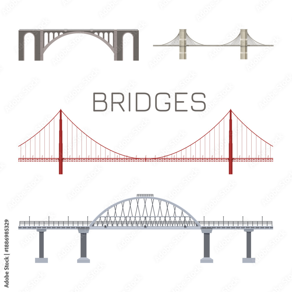 Obraz premium Isolated bridges set. Side view of urban landmark. Industrial drawing of an architectural structure. Modern engineering transport building. Detailed blueprint