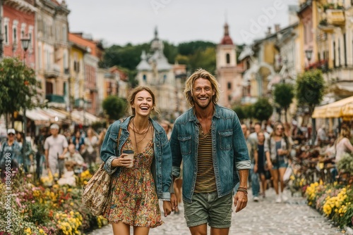 Wallpaper Mural Couple walking hand in hand down a colorful street, smiling, wearing denim jackets on a sunny day Torontodigital.ca