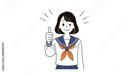 Happy schoolgirl in a sailor uniform giving a thumbs up gesture with a cheerful expression to represent success, approval, or a job well done.