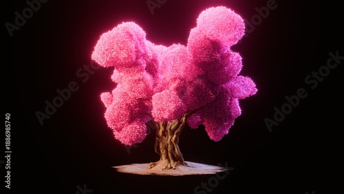 cherry blossom tree blooming in the dark background created by procedural geometric 3D render. 
