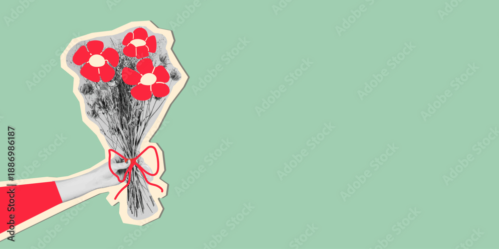 Fototapeta premium Spring floral horizontal banner template with halftone female hand holding bouquet. Modern retro mixed media collage with vintage dot texture and doodle accents for posters, ads and seasonal design.
