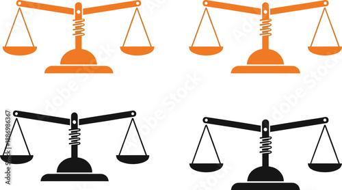 Justice scale balance icon set in orange and black styles for law court legal equality concepts