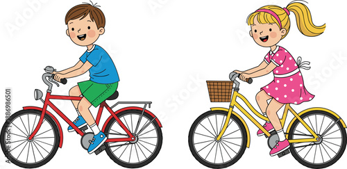 Cartoon Illustration of a Young Boy and Girl Riding Bicycles, Happy Kids on Red and Yellow Bikes Vector Graphic
