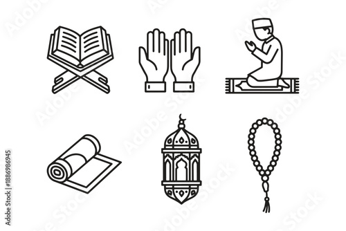 Islamic Worship Icons Set – Quran Prayer Hands Tasbih Ramadan Vector Symbols