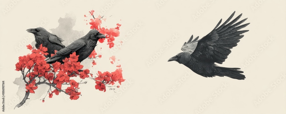 Fototapeta premium Two ravens on red blossoms with a raven in flight across a light background