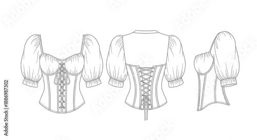 Detailed sketch of a vintage style corset and blouse with puffed sleeves front and back view