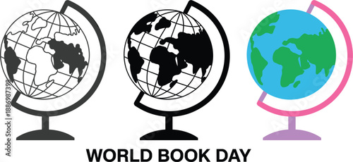 Three globe icons in different styles with World Book Day text earth geography