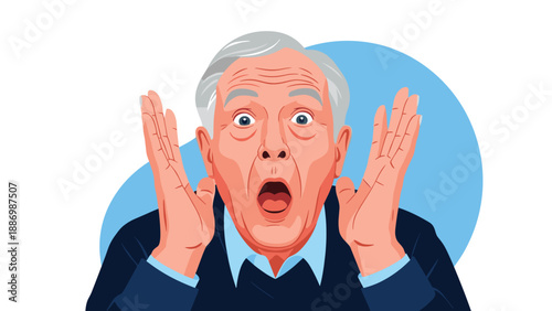 Close up illustration of an elderly man with gray hair looking extremely shocked and surprised with wide eyes and his hands raised in alarm.