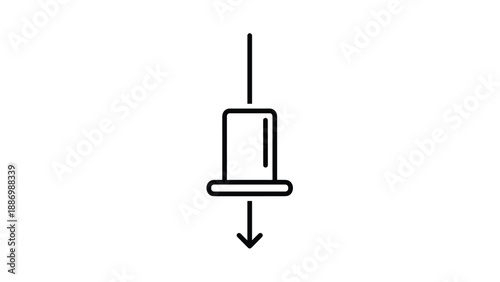 Minimalist push pin icon with an arrow pointing downward indicating a specific location, destination, or a focused point of interest.