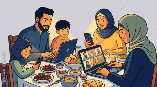 Muslim Family Using Technology During Iftar Meal Video Call Vector Art