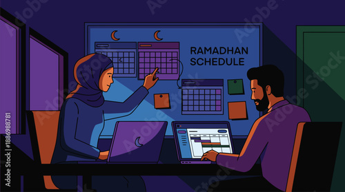 Muslim Colleagues Planning Ramadhan Schedule Late at Night Vector Illustration