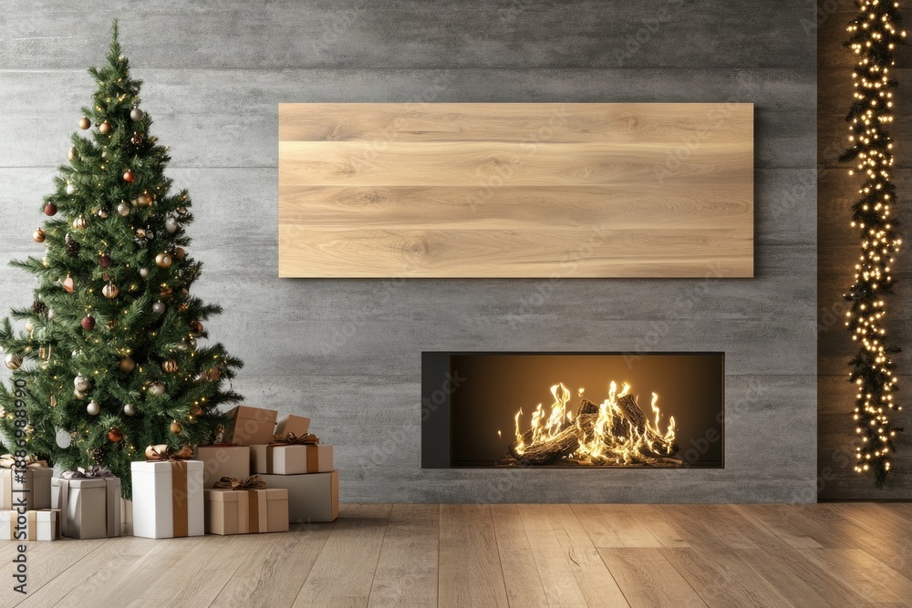 Fototapeta premium Cozy christmas living room with tree, gifts, and fireplace warmth