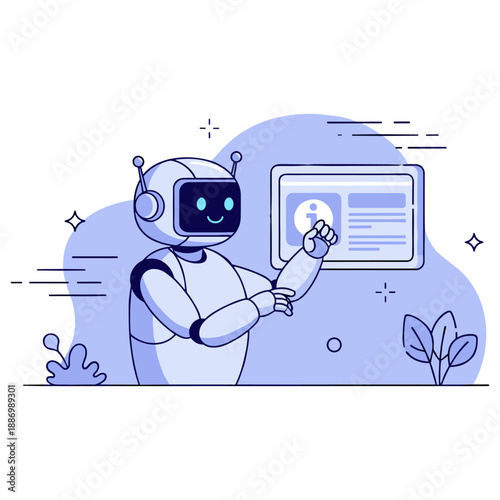 Friendly robot interacting with digital interface in futuristic setting