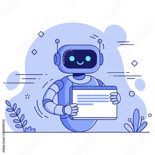 Smiling cartoon robot holding tablet with geometric shapes background