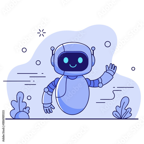 Friendly cartoon robot waving in a futuristic blue environment