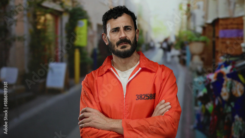 Bilde på lerret Hispanic man in an orange prison jumpsuit stands thoughtfully on a vibrant street, reflecting outdoors in an urban setting