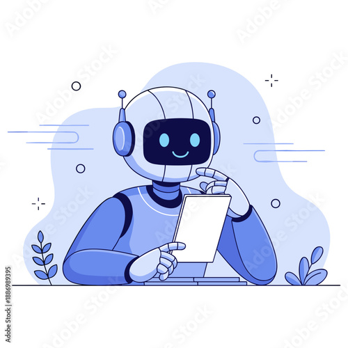 Smiling robot with tablet in futuristic blue background