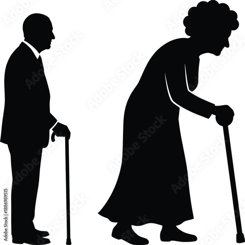 Elderly couple silhouettes with walking sticks representing the journey of aging and support