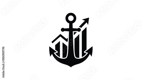 Black anchor icon superimposed over a rising bar chart representing stability, security, and steady financial growth in business.