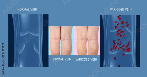Varicose veins on a female senior legs. The structure of normal and varicose veins. Concept of dry skin, old senior people, varicose veins and deep vein thrombosis or DVT - 2D animation