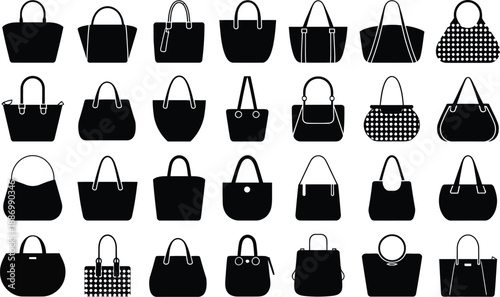 Handbag silhouette illustration collection, vector set of various black purse and handbag designs on white background showcasing diverse styles for fashion graphics, accessories branding, retail visua