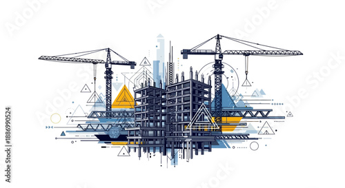 An illustration of a construction site with cranes and buildings in various stages of build, surrounded by technical drawings and diagrams, conveying a sense of industry and technology.