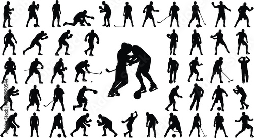 Collection of sports silhouettes showing athletes in dynamic action poses including football hockey boxing and soccer isolated on white background vector illustration set