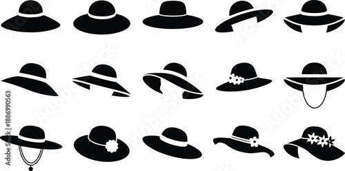Women’s hat illustration collection, elegant fashion and sun protection hats including wide-brim, straw, and classic styles for summer outfits, accessories branding, boutique design, and lifestyle gra