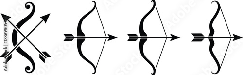 Stylized archery illustration set, elegant bows and arrows as graphic design elements and historical symbols for heritage emblems, vintage logos, sport branding, and precision-themed creative projects