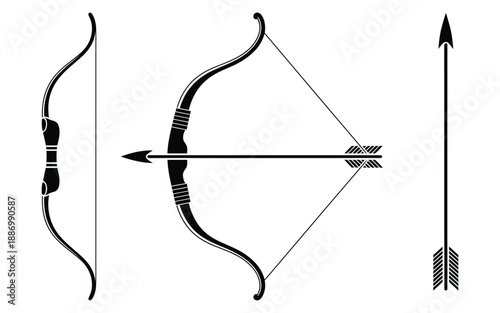 Archery illustration collection, classic bows and arrows representing precision, history, and sport for hunting symbols, traditional emblems, outdoor branding, and heritage-inspired design projects
