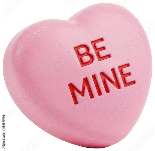 Pink candy heart with the words be mine engraved in red on transparent background PNG