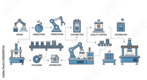 A detailed industrial process diagram illustrating various stages of manufacturing and production with blue and orange machinery icons on a white background.