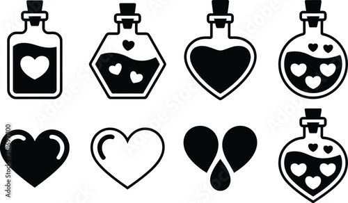 Potion bottle and heart icon set, black and white vector illustrations of romantic elixir symbols with geometric bottles and love motifs for fantasy design, Valentine themes, and decorative graphics