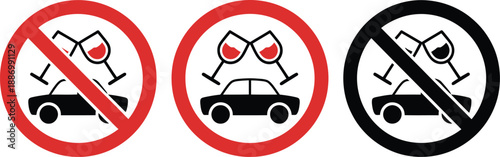 No drinking and driving sign set, prohibition warning symbols featuring car and wine glass icons in red, black, and monochrome safety styles for road safety, traffic rules, and public awareness design