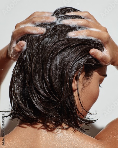 Woman washing hair with shampoo in close up, hair care and hygiene concept showing wet hair, cleansing and personal care routine
