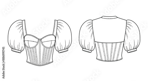 Fashion design sketch of a cropped top with puffy sleeves and a corset style bodice