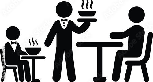 Vector illustration set of 3D business silhouettes featuring a man and woman at an office table with a computer, chair, and interior furniture icons for professional bar or seat design