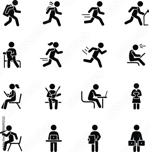 Diverse human activities and daily life actions captured in a comprehensive stick figure icon set isolated on transparent background, Vector