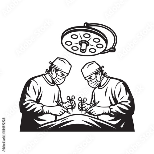 Two surgeons performing surgery in operating room line art illustration. Vector sketch of medical team operation with surgical light and instruments.
