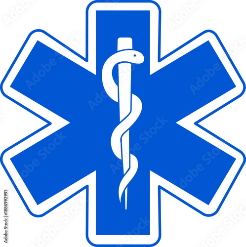 Blue Star of Life symbol, emergency medical services icon, EMS professional symbol, Rod of Asclepius illustration, paramedic and ambulance emblem, medical rescue graphic