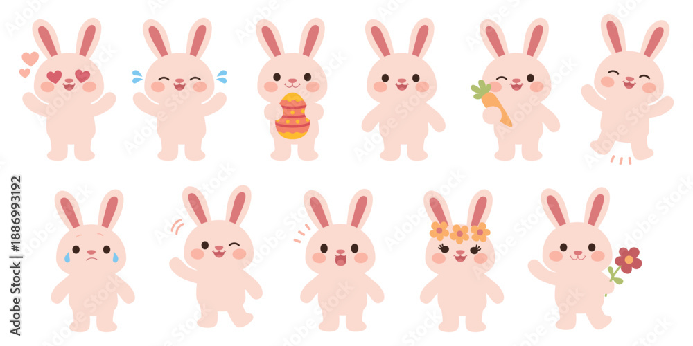 Obraz premium Adorable Easter rabbits character set vector illustration Cute cartoon bunny emotions Easter flat vector set Sweet Easter bunny characters with egg and carrot