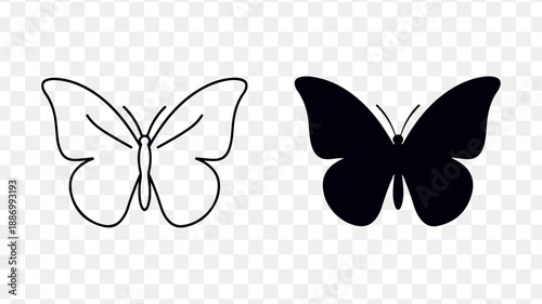 Butterfly Silhouette and Outline Icons for Design isolated on Transparent Background