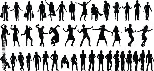 People silhouettes collection showing men and women walking standing dancing and expressing body language in everyday lifestyle poses isolated on white background vector illustration set