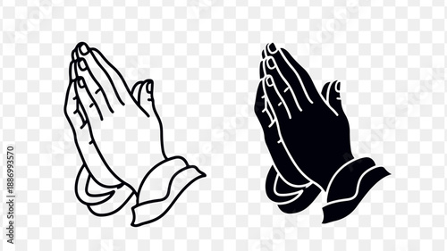 Praying hands icon set in black and white isolated on Transparent Background