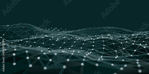 Abstract digital landscape with connected nodes and glowing lines on dark background