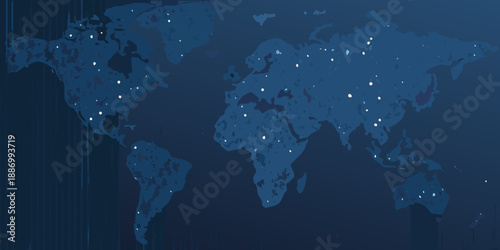 a blue world map with white dots on a dark background